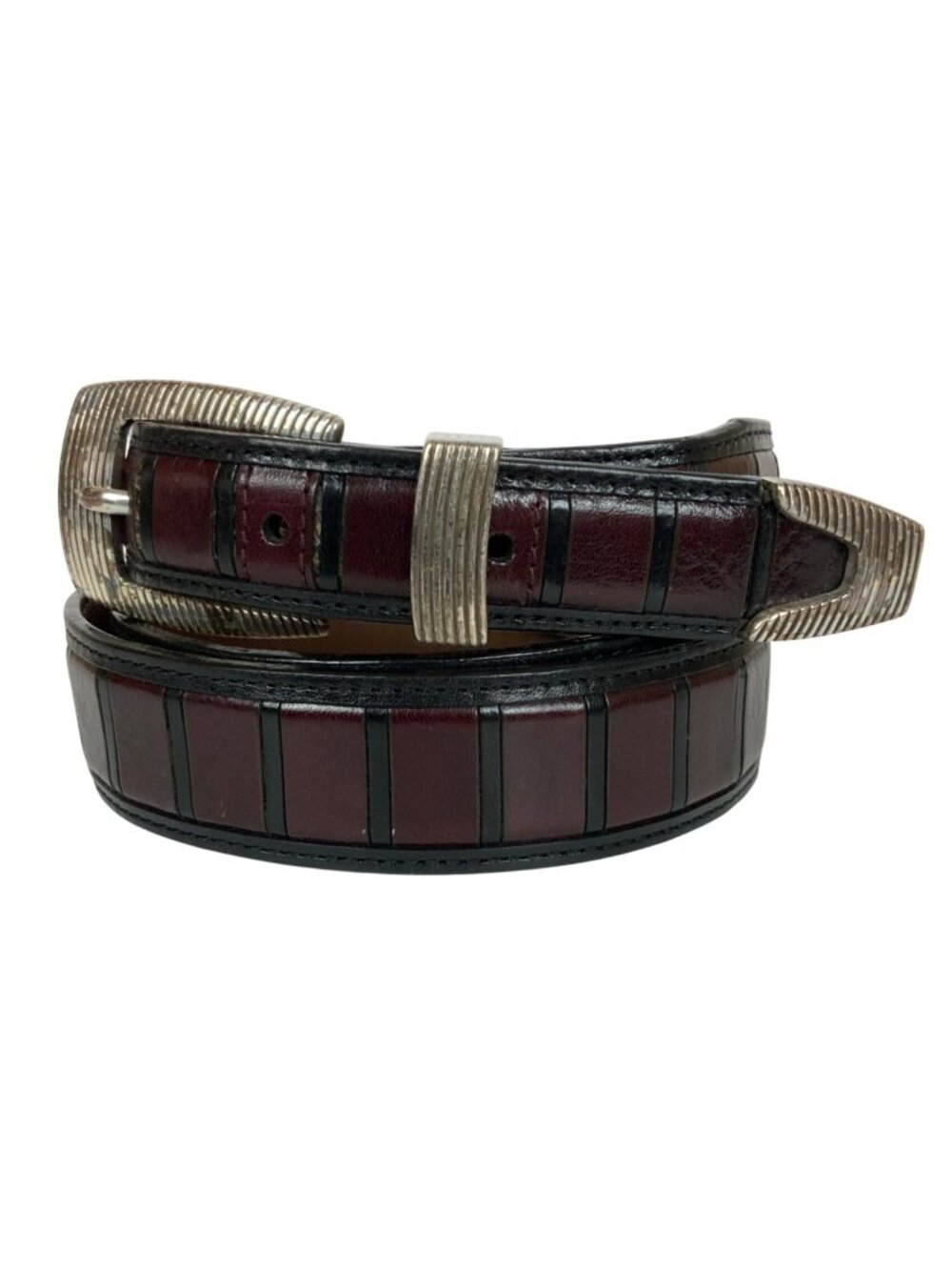 Onyx By Brighton Burgundy & Black Leather Belt Silver-tone Buckle Mens Size 40